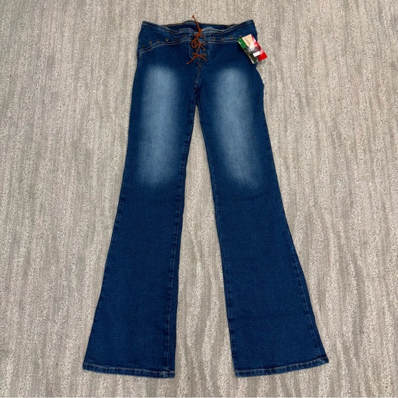 NWT Y2K Hermel Lace Up Dark Wash Flare Bare Back Jeans Made In Brazil Women’s 7 - Picture 1 of 7